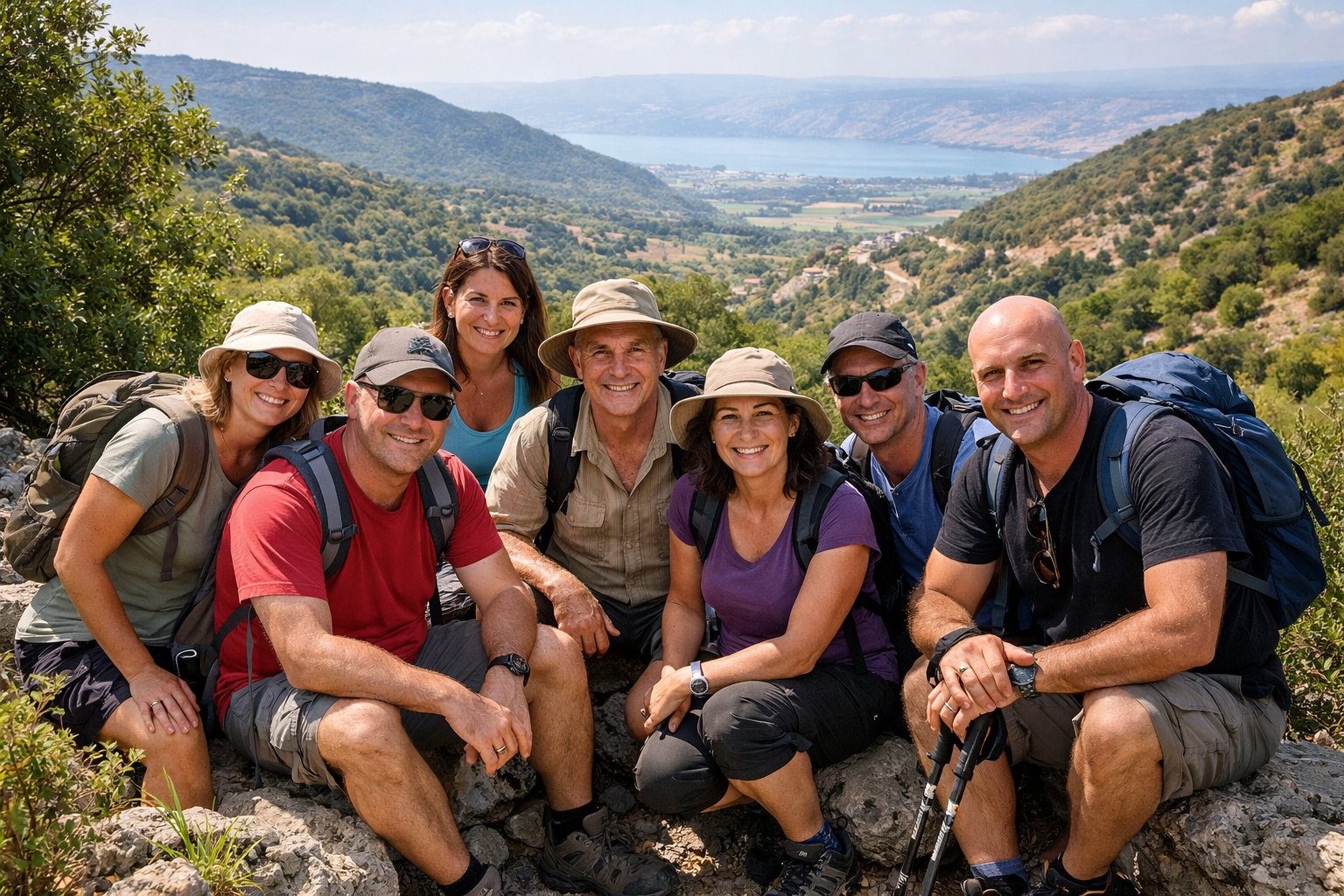 קבוצת מטיילים בגליל עם נוף לכנרת
