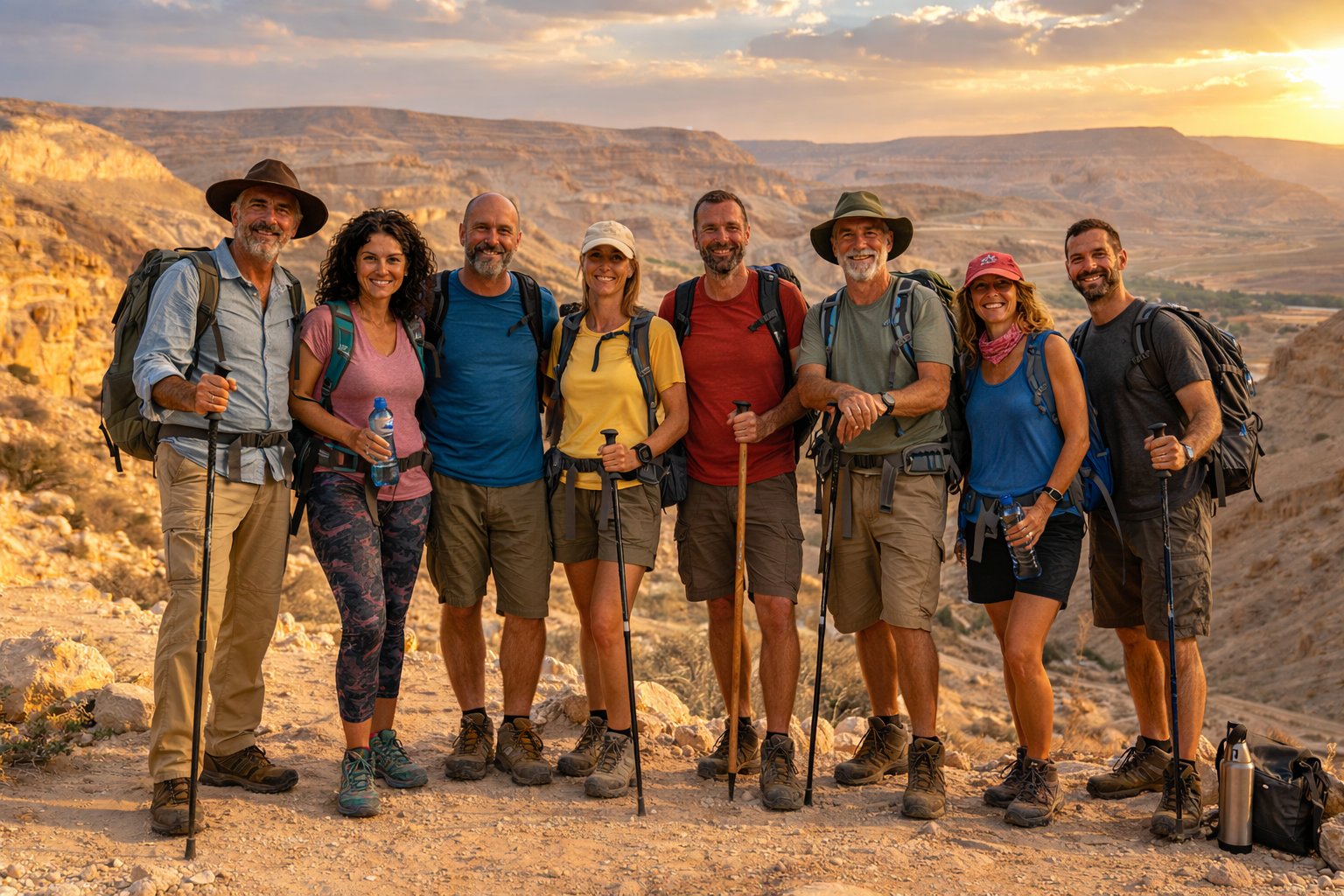 קבוצת מטיילים במדבר יהודה בשקיעה